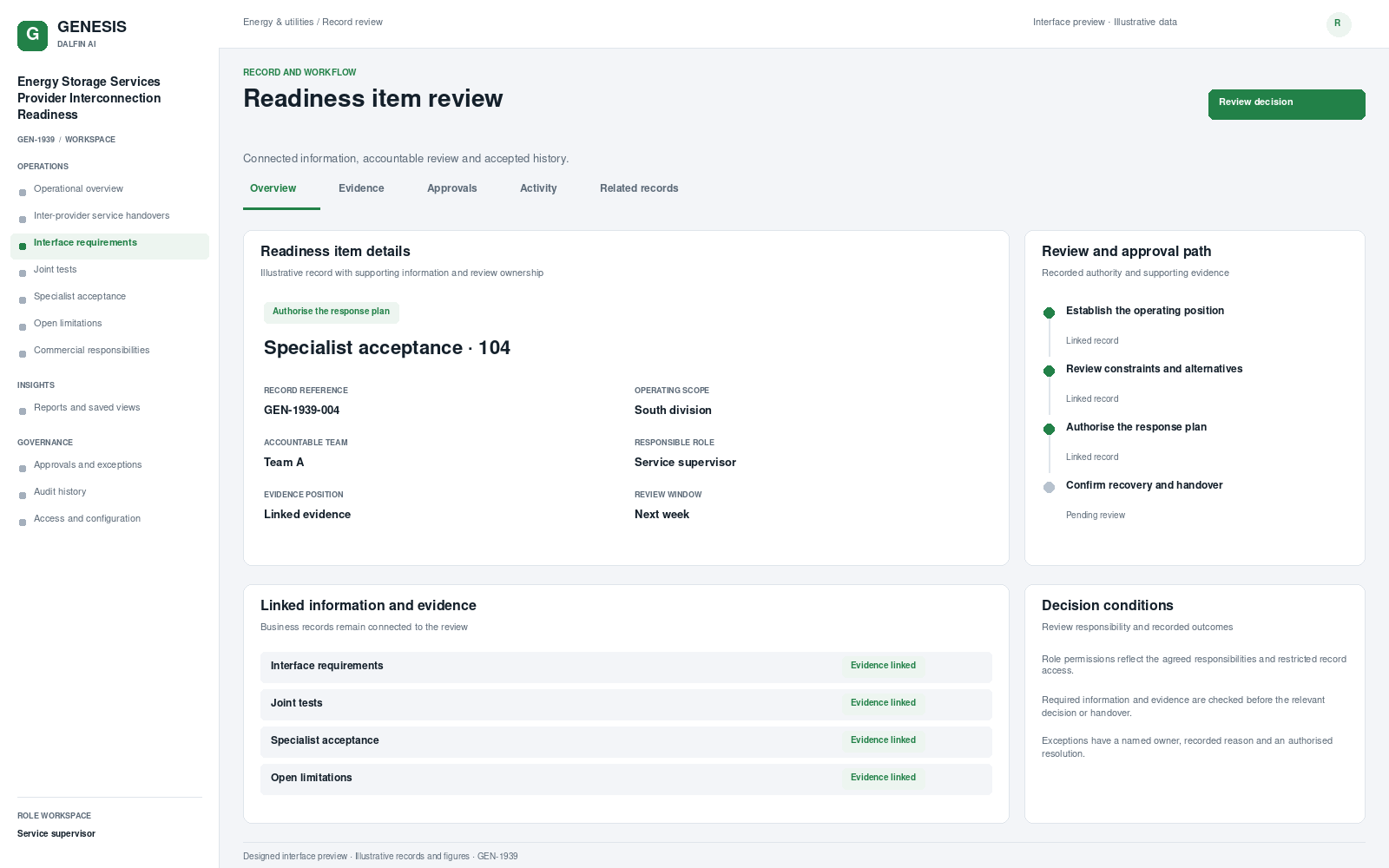 Energy Storage Services Provider Interconnection Readiness record interface preview; illustrative records and figures.