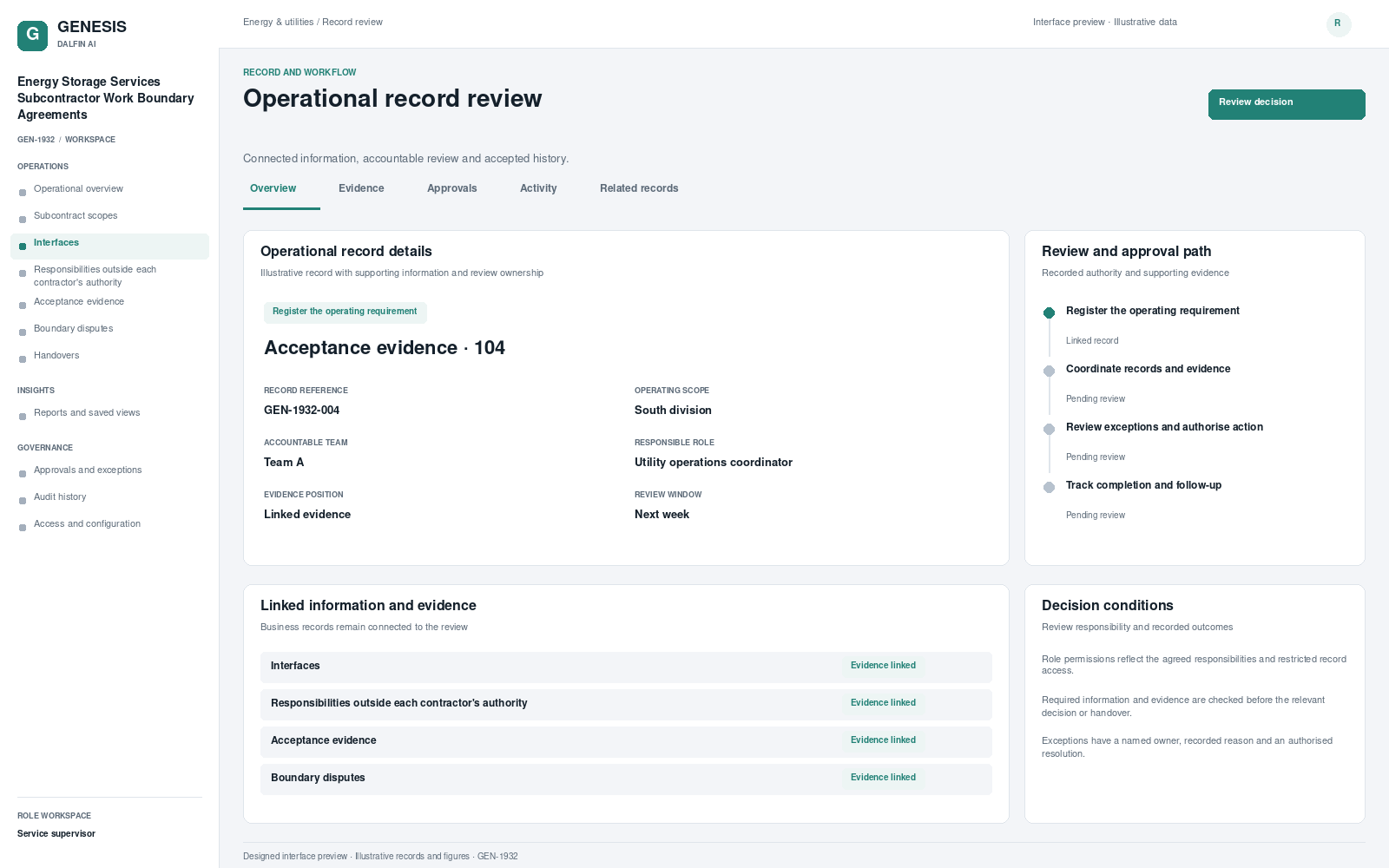 Energy Storage Services Subcontractor Work Boundary Agreements record interface preview; illustrative records and figures.