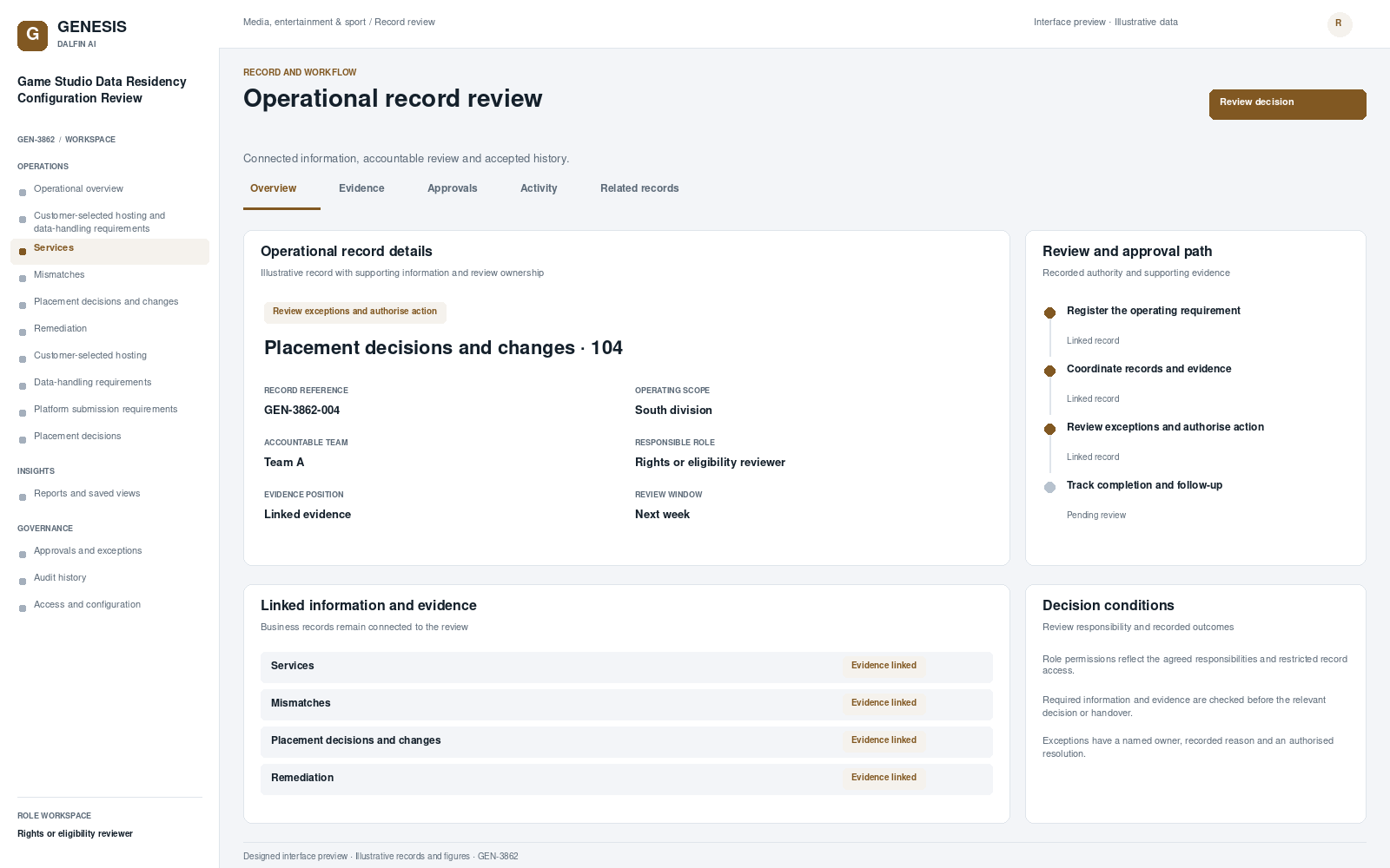 Game Studio Data Residency Configuration Review record interface preview; illustrative records and figures.
