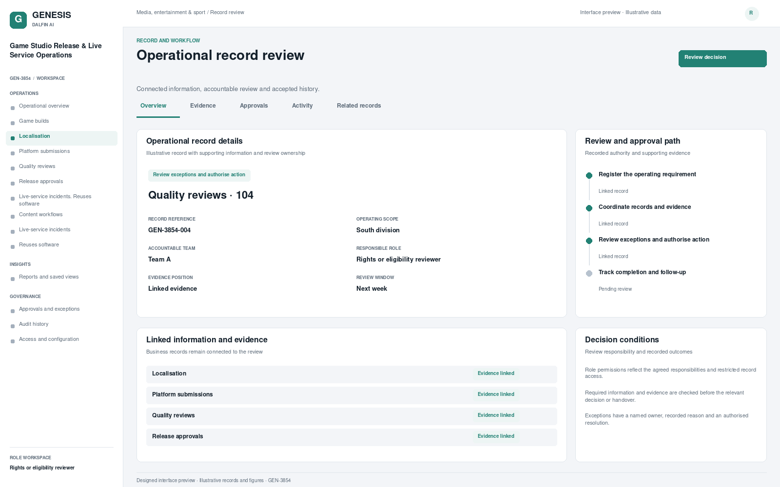 Game Studio Release & Live Service Operations record interface preview; illustrative records and figures.